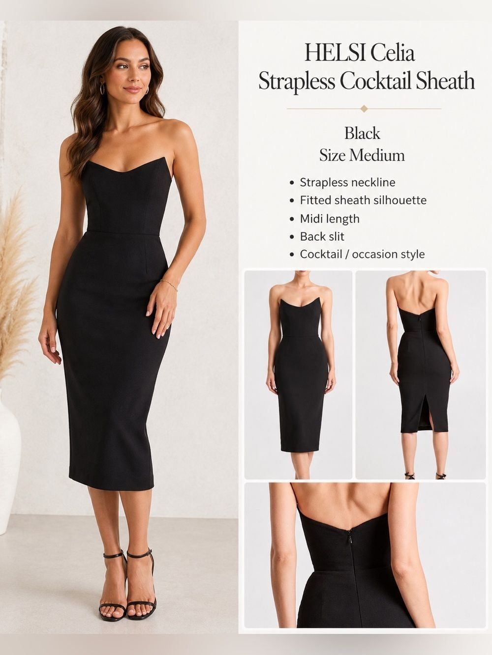 HELSI Celia Black Strapless Cocktail Sheath Midi Dress Medium NWOT